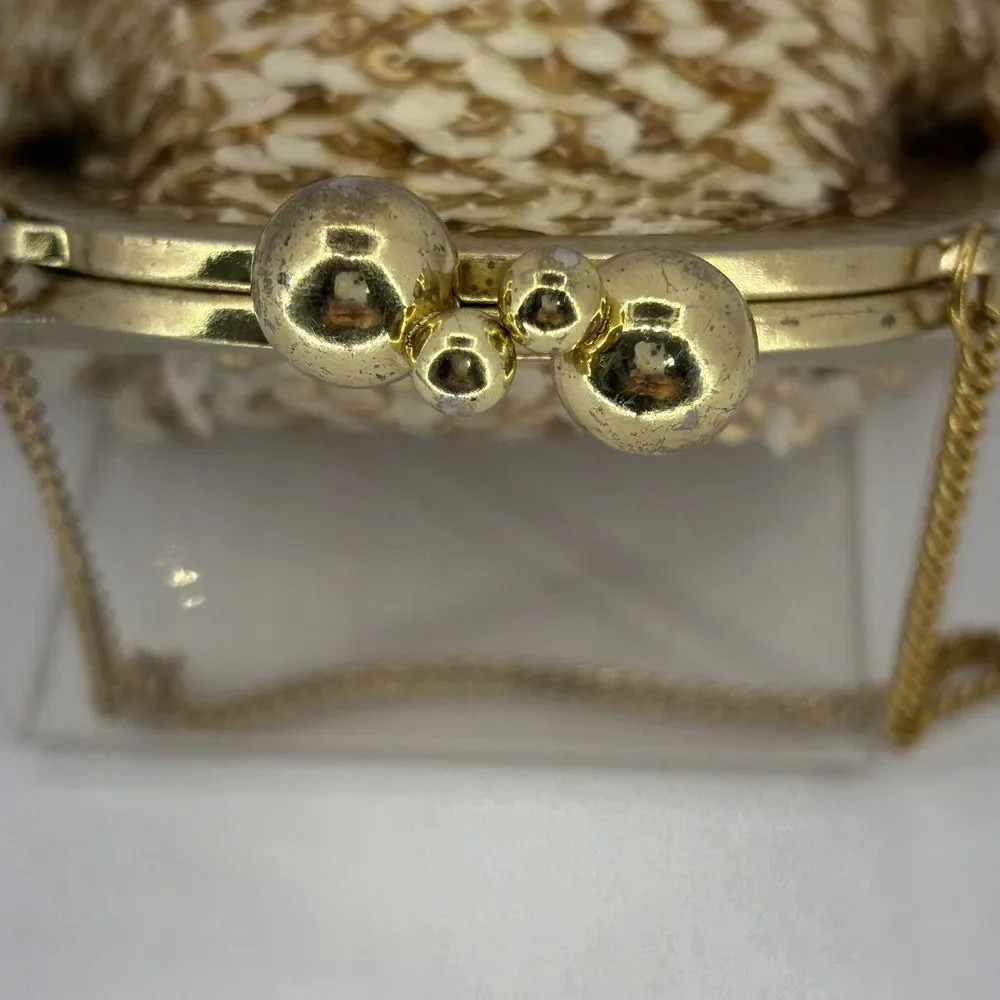Vintage 1950s Sequin Evening Bag Gold-Iridescent White Metal‎ Frame Purse